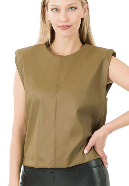 Faux Olive Leather Sleeveless Top