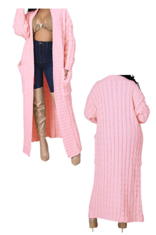 Pink Long Cable Knit Cardigan